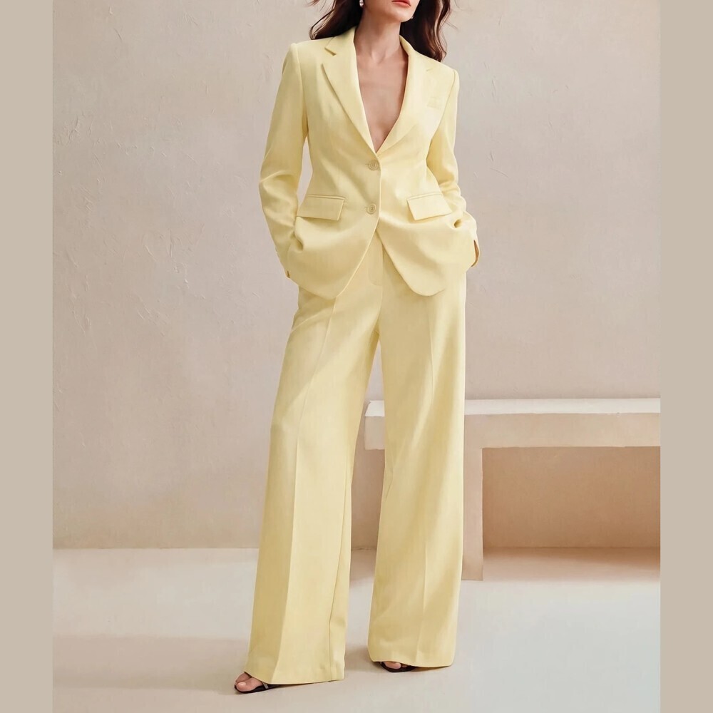 Pale Yellow Notch Lapel Two Button Blazer Wide Leg Pants Set